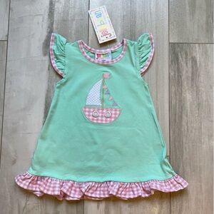 NWT JellyBean by Smock Candy SeaFoam Green Sailboat Flutter Dress, baby girl 12M